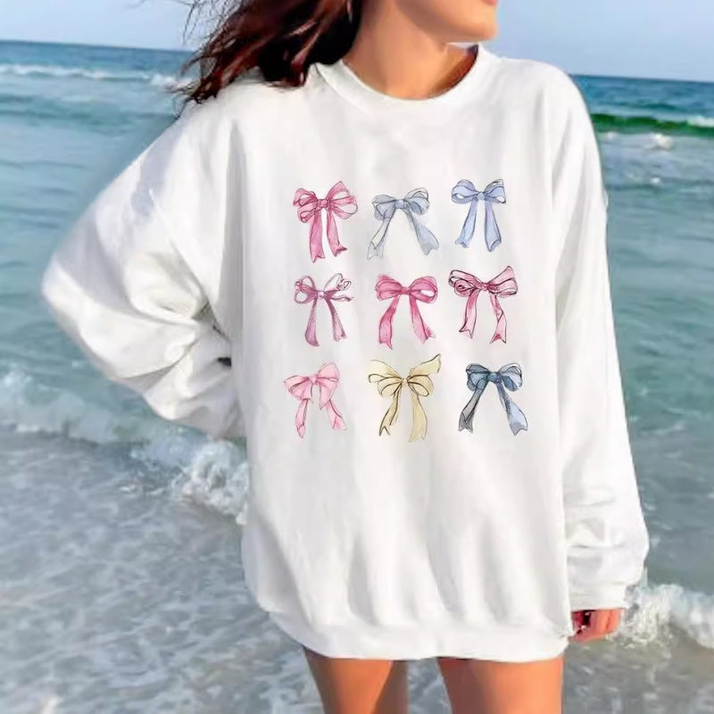 Long Sleeve Bow Print Crewneck Top