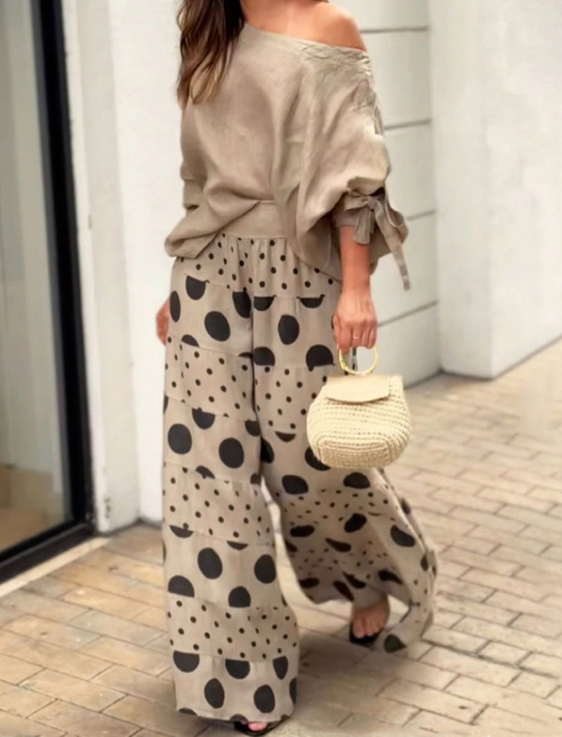 Off-Shoulder Top with Polka Dot Pants Set