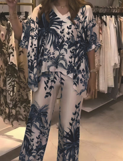 Floral Print Kimono and Wide-Leg Pants Set