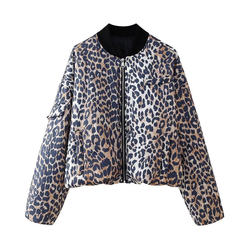 Leopard Print Zip-Up Puffer Jacket