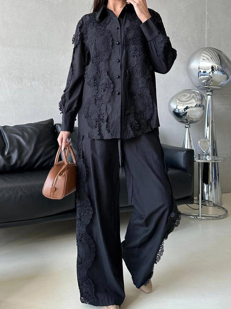 Lace Button-Up Shirt and Drawstring Pants Set