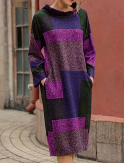 Colorblock Patchwork Long Sleeve Midi Dress