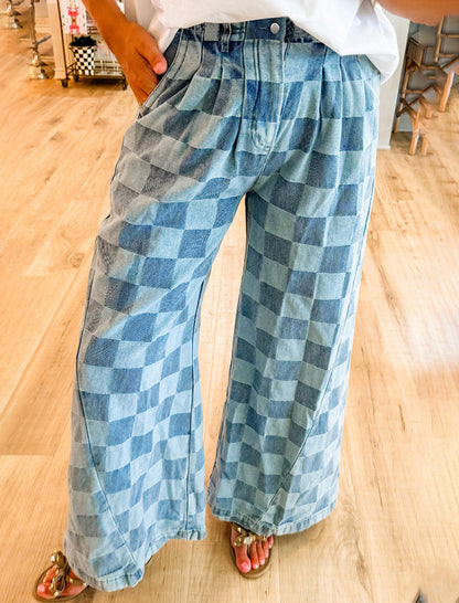 Plaid Wide-Leg Baggy Jeans