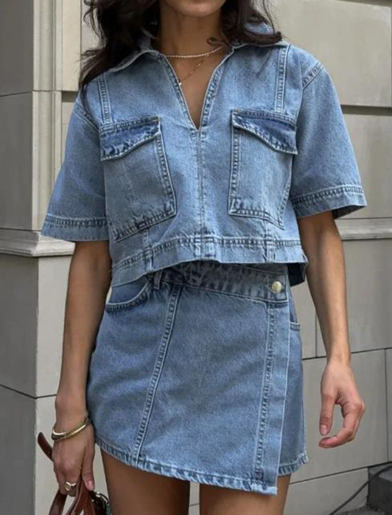 V-Neck Short Sleeve Top and Skirt Denim Set