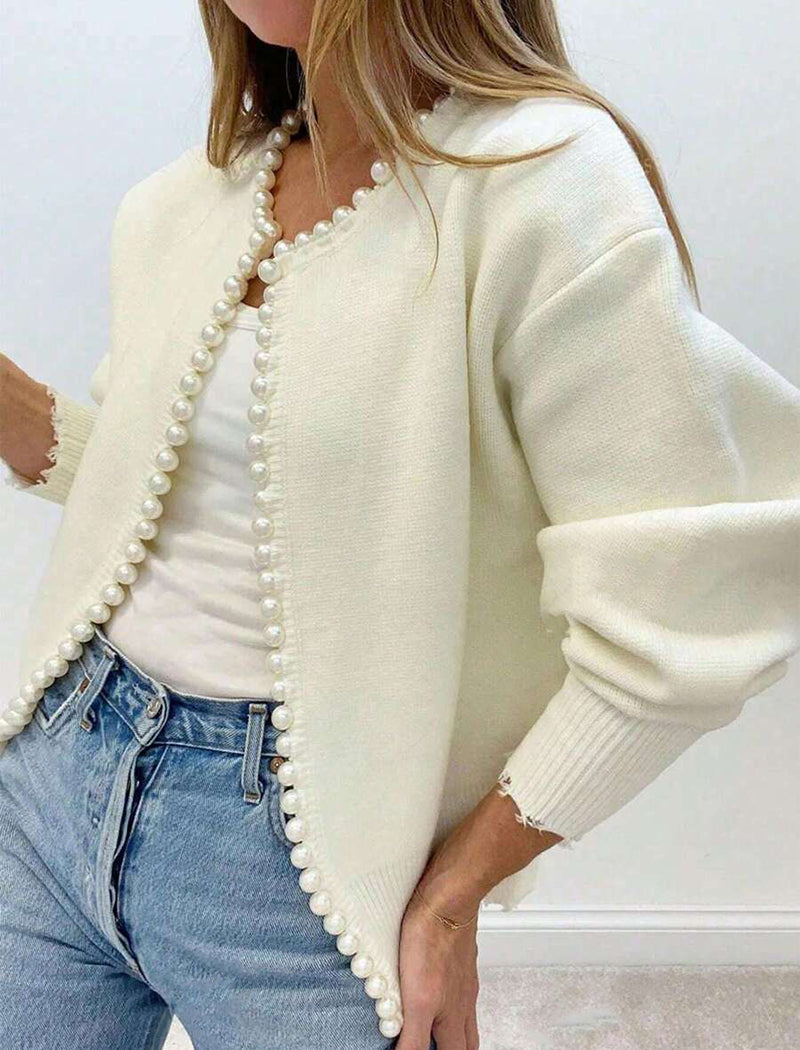 Pearl Trim Open-Front Knit Cardigan