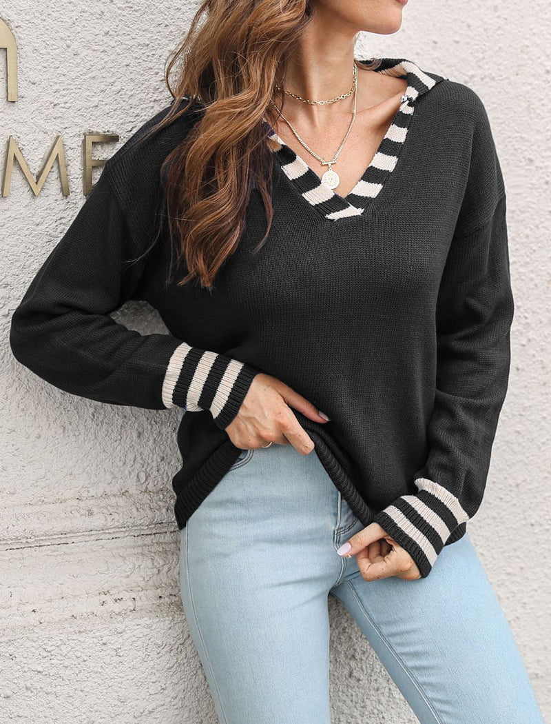 Striped V-Neck Knit Pullover Sweater