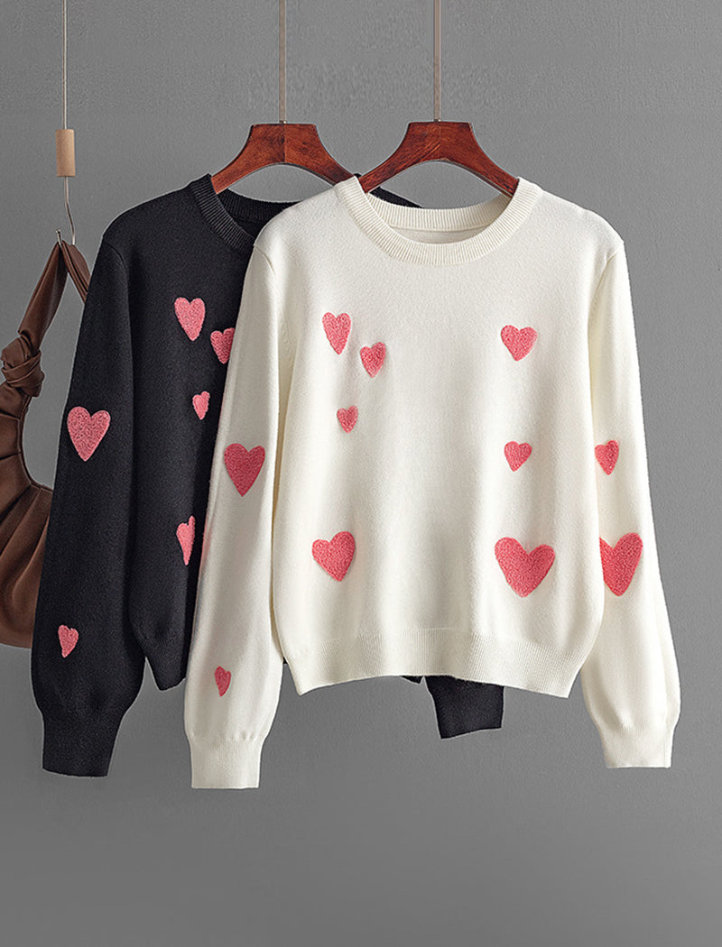 Heart Pattern Knit Crewneck Sweater