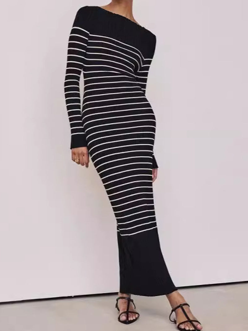 Striped Split-Hem Knit Dress