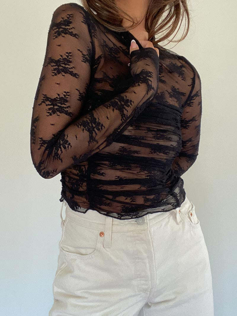 Ruched Sheer Lace Long-Sleeve Top