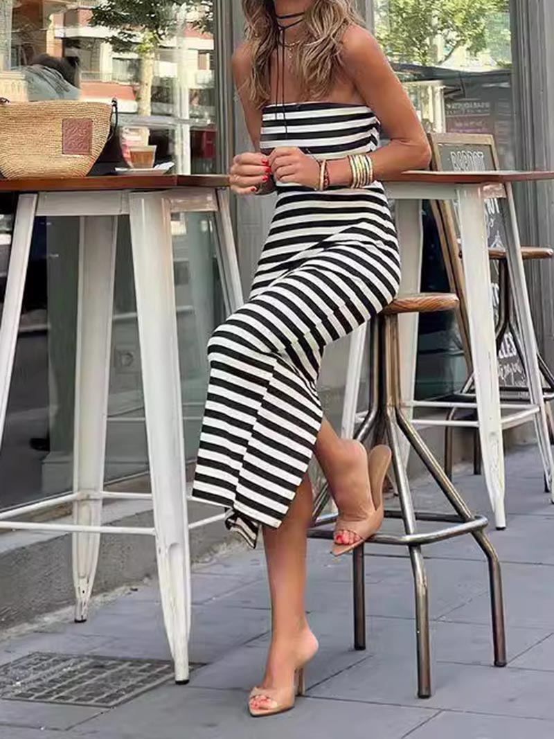 Strapless Striped Split-Hem Maxi Dress