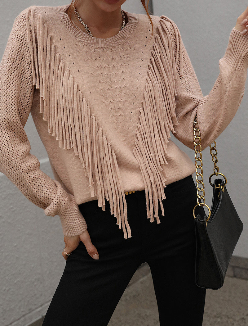 Fringe Detail Textured Knit Sweater