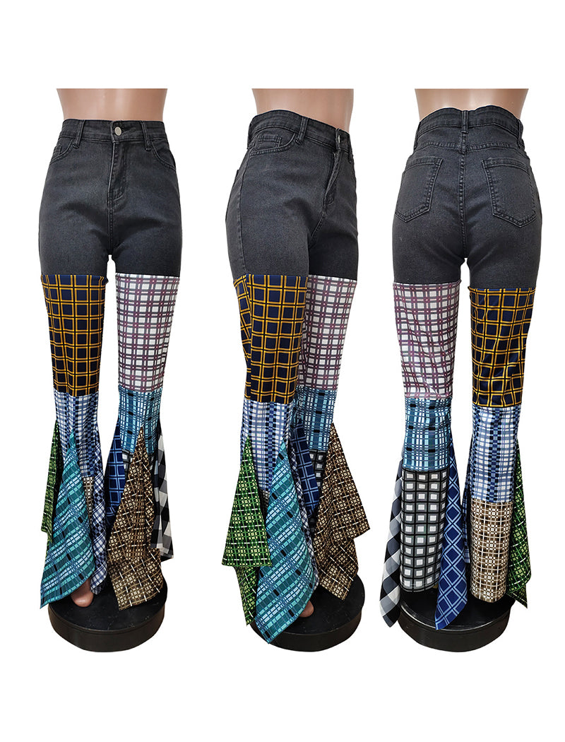 Patchwork Flare Leg Denim Pants