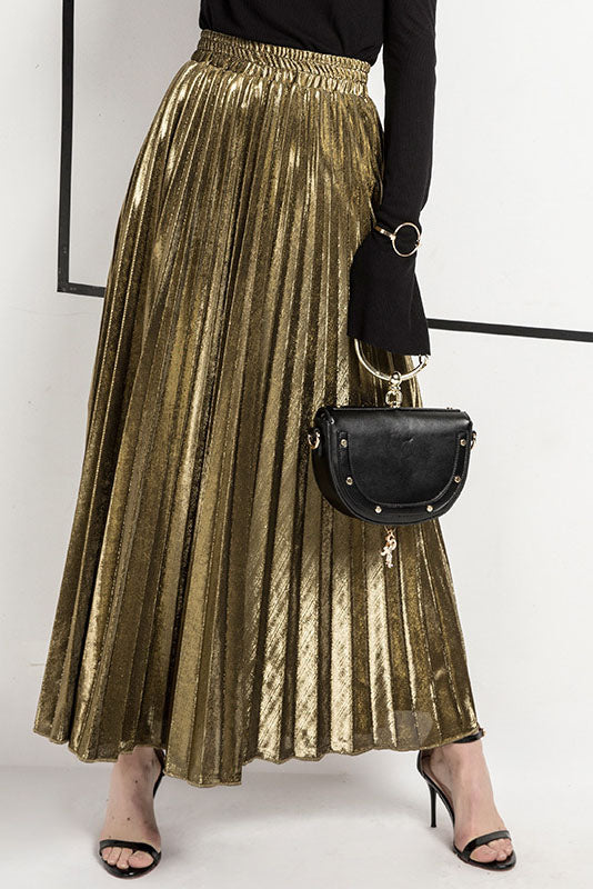 Metallic Pleated Maxi Skirt