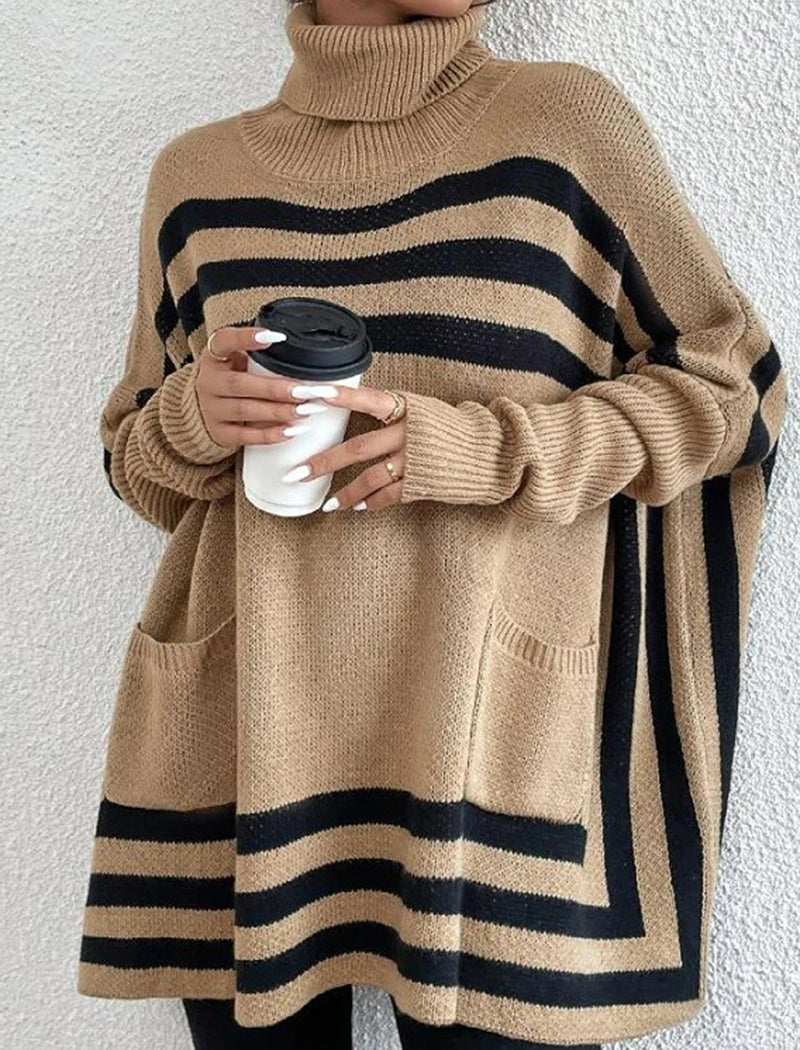 High Neck Striped Batwing Sleeve Sweater