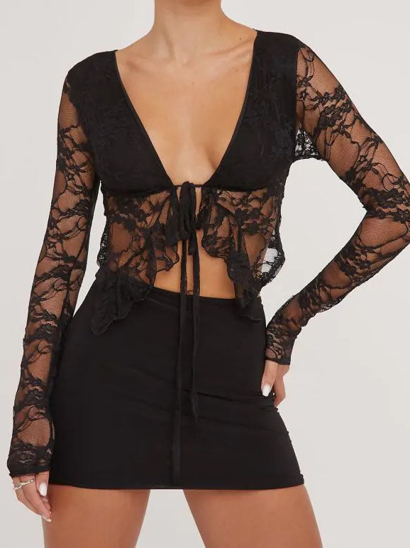 Tie-Front Cropped Lace Top