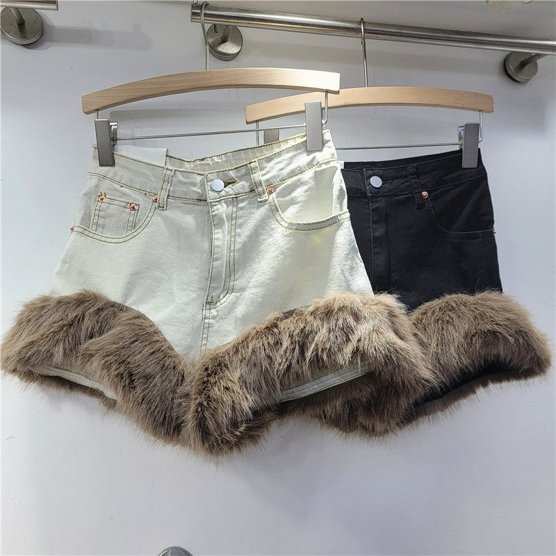 Faux Fur Trim High-Waisted Denim Shorts