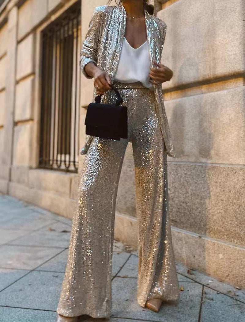 Sequined Two-Piece Set with Wide-Leg Pants