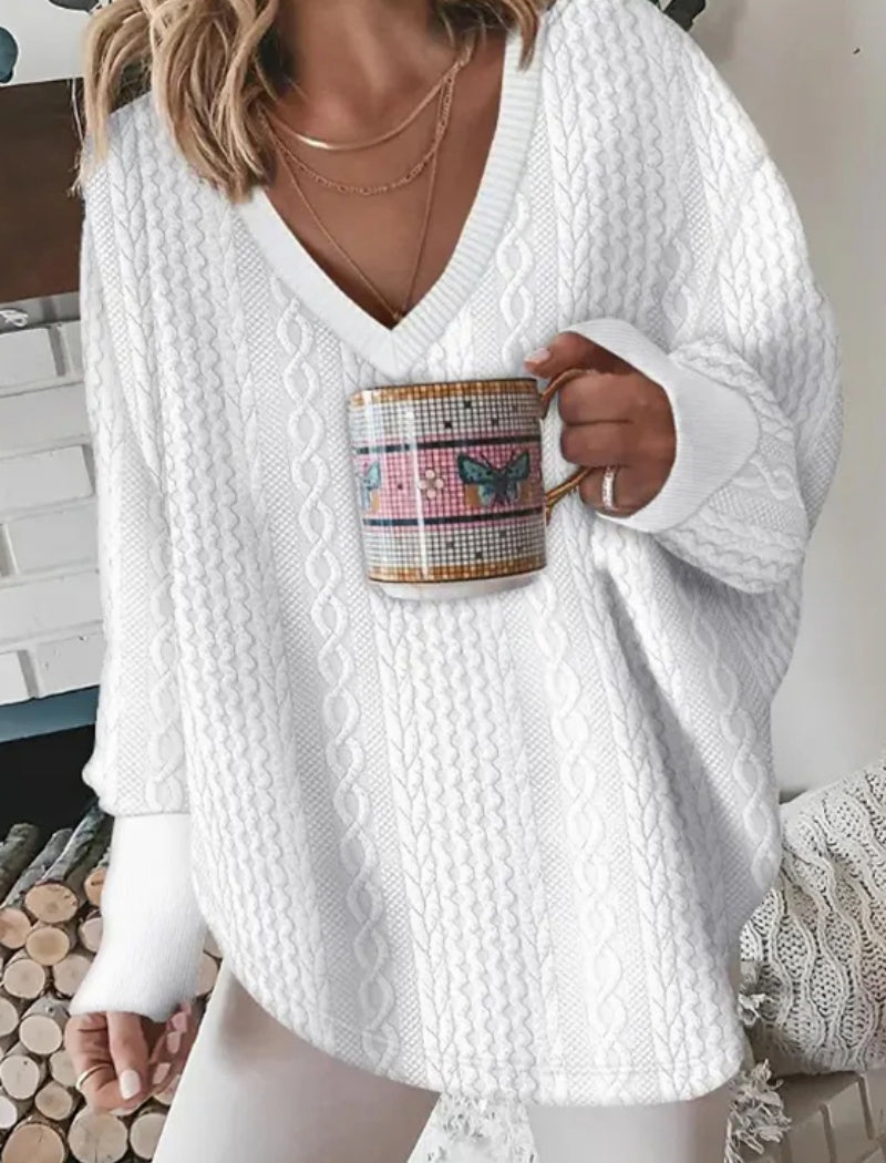 Oversized Cable-Knit V-Neck Sweater