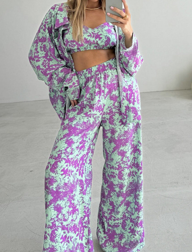Floral Printed Matching Set with Wide-Leg Pants