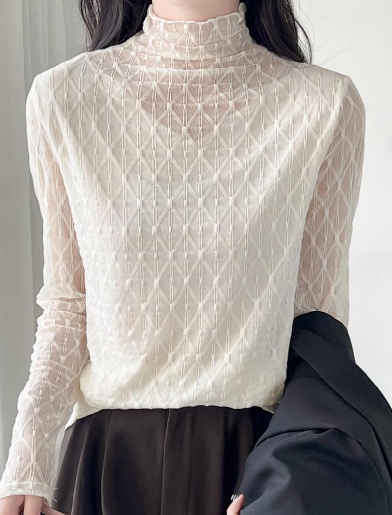 Mesh Long-Sleeve Turtleneck Top