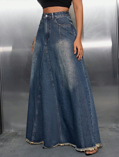 High-Waisted Denim Maxi Skirt with Raw Hem