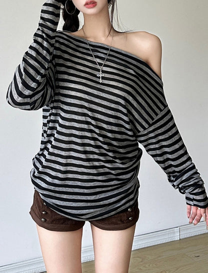 One-Shoulder Striped Long Sleeve Top