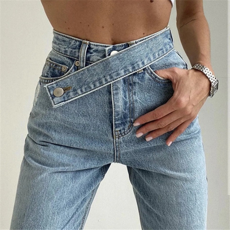 High-Rise Asymmetrical Crossover Jeans