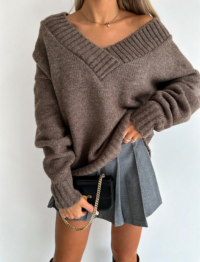 Solid V Neck Knit Sweater