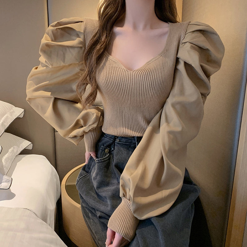 Puff Sleeve Square Neck Knit Top