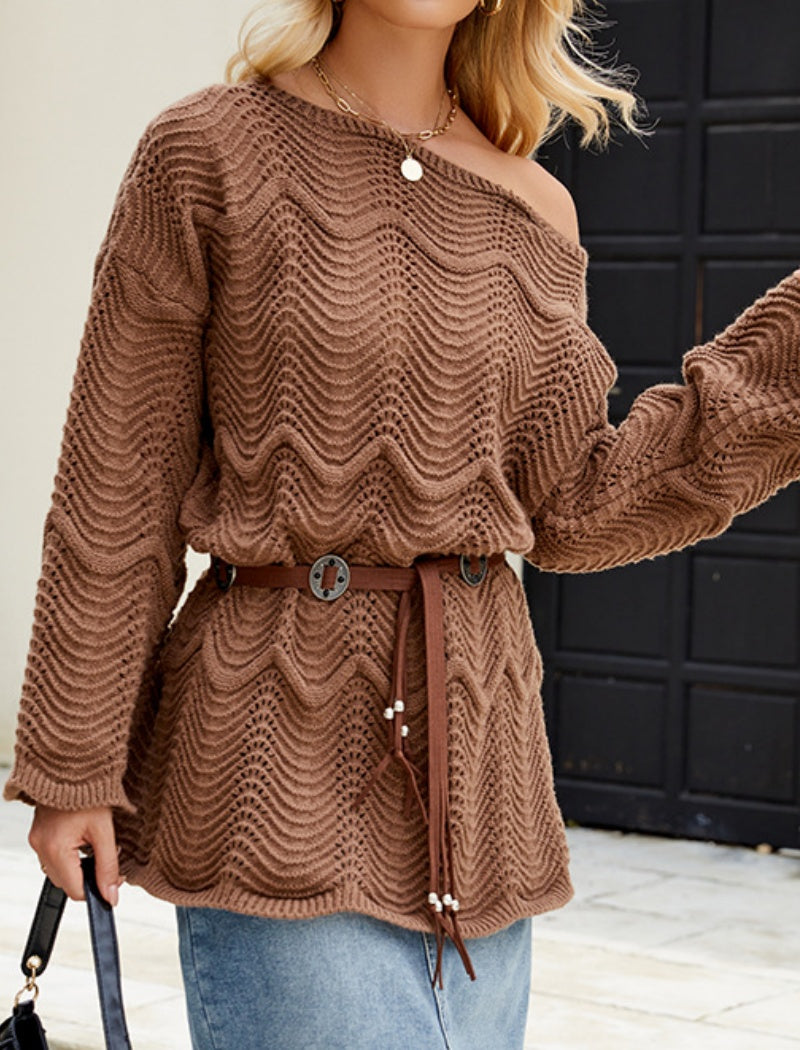 Off-Shoulder Belted Sweater