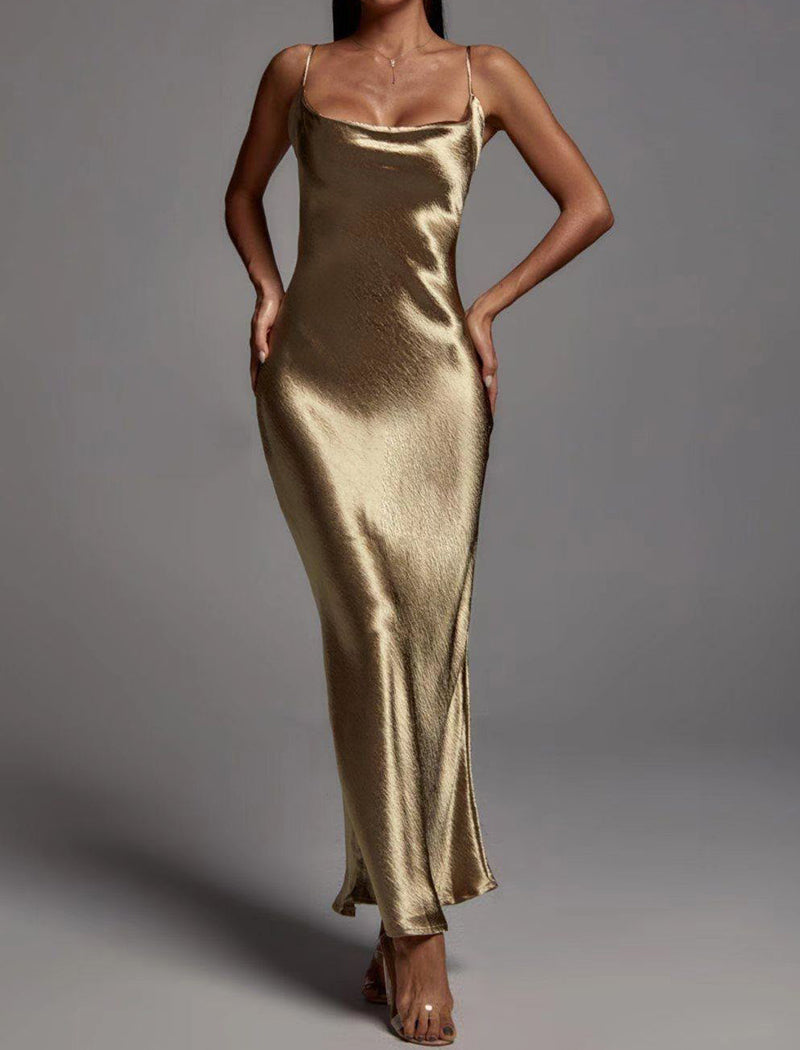 Satin Halter Backless Maxi Dress