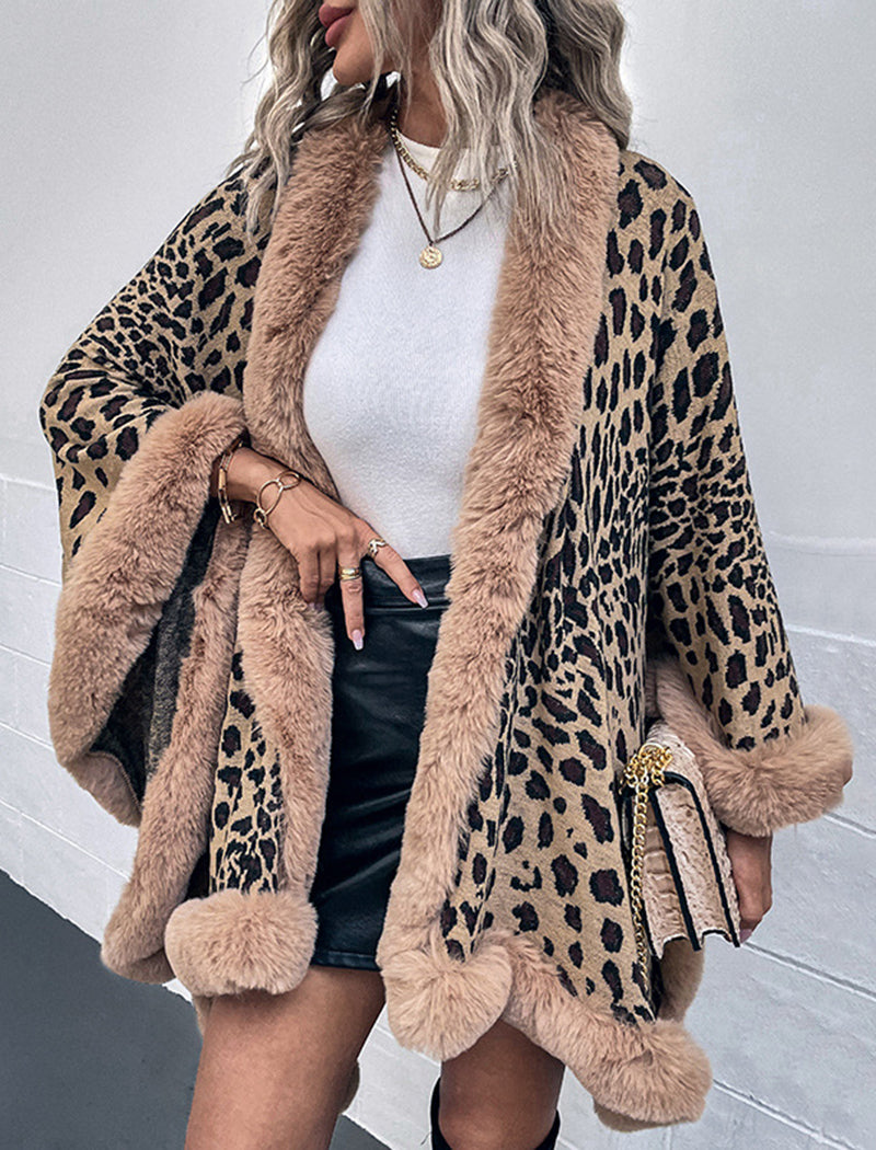 Leopard Print Faux Fur Trim Cape