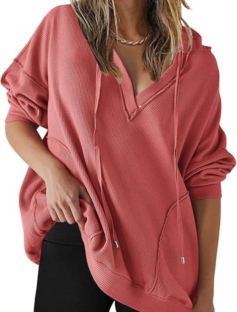 V-Neck Waffle Knit Solid Long Sleeve Hoodie