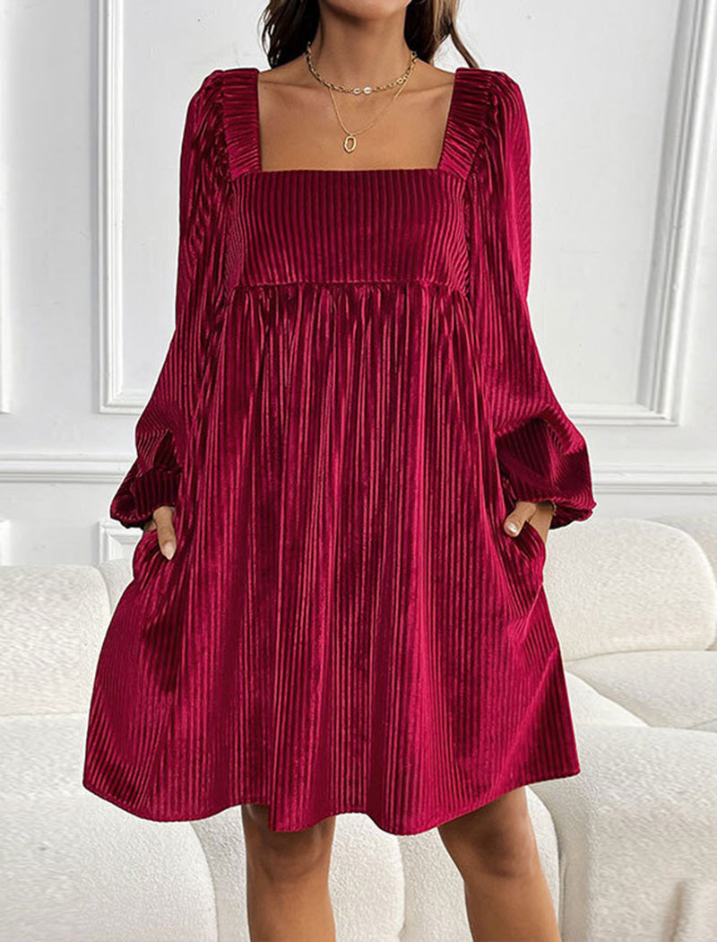 Square-Neck Pleated Mini Dress with Balloon Sleeves