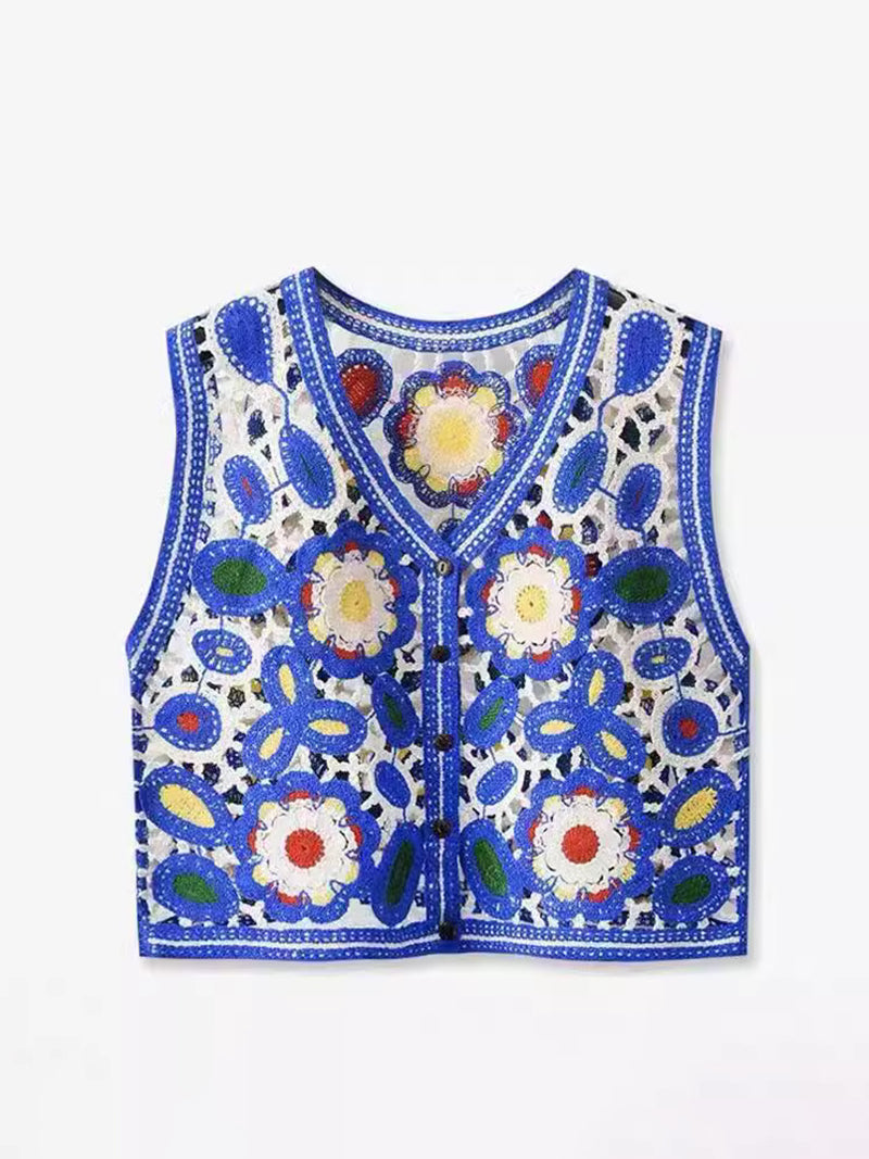 Floral Crochet Eyelet Vest