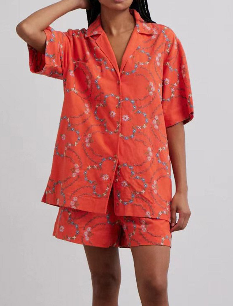 Floral Print Pajama Set with Short Sleeves