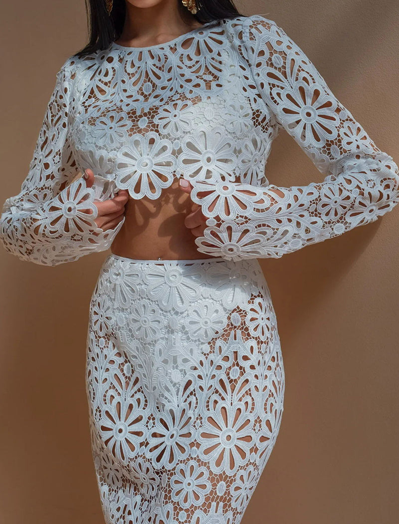 Fitted Lace Top and Skirt Two-Piece Set