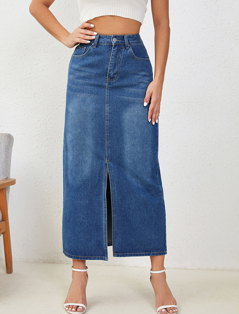 High-Rise Denim Split-Hem Maxi Skirt