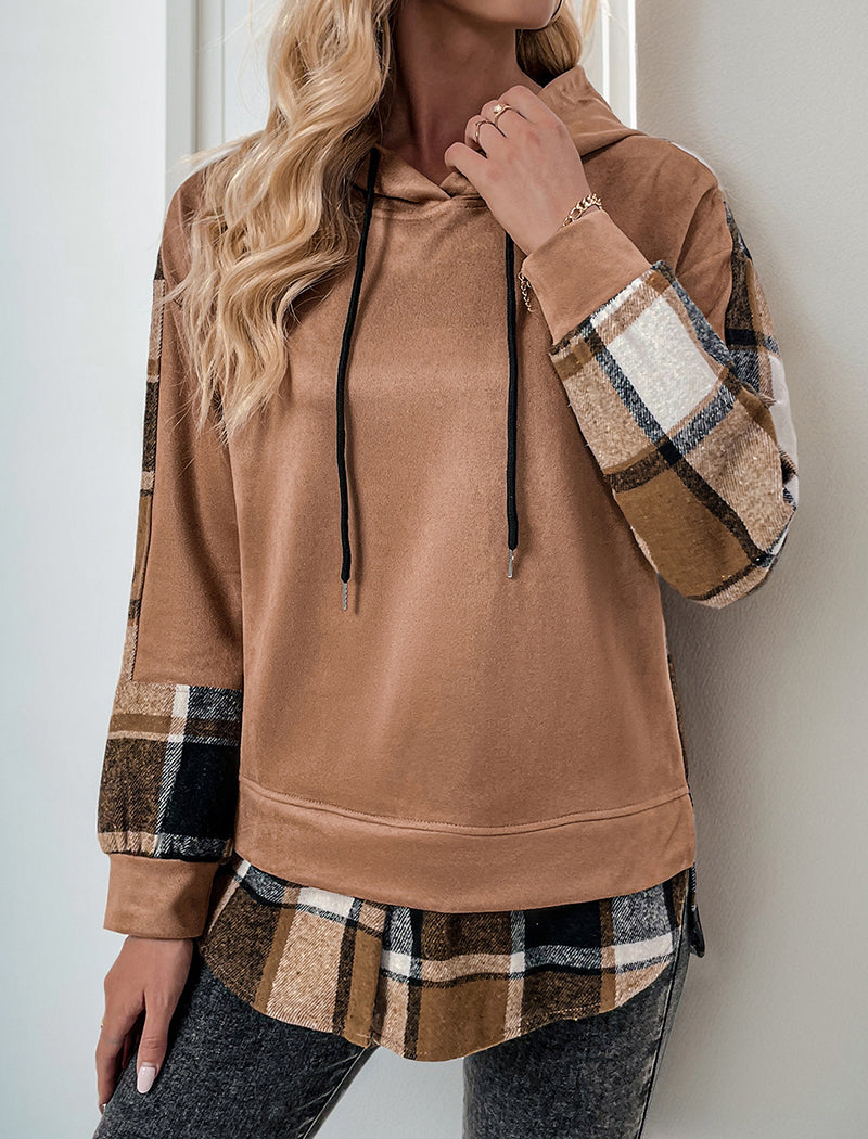 Plaid Patchwork Hooded Top with Drawstring