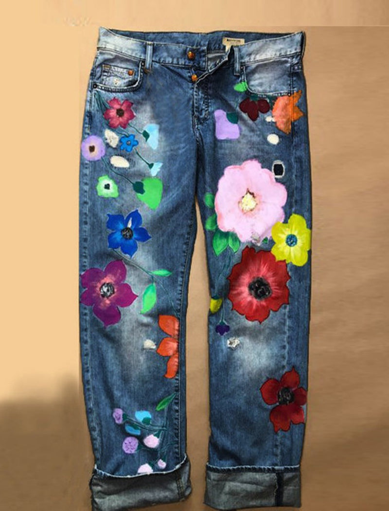 Floral Embellished Distressed Jeans