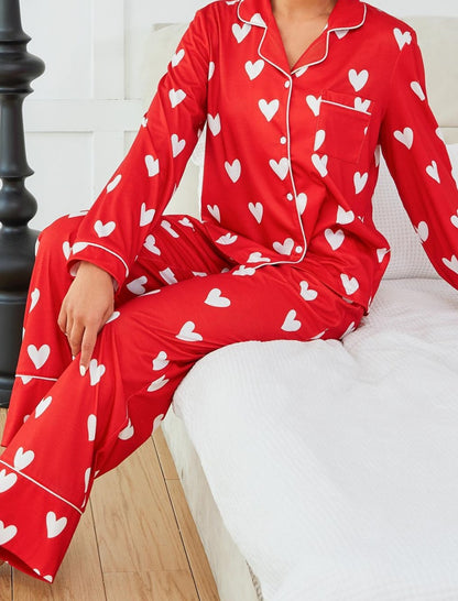 Heart Print Long Sleeve Shirt and Pants Set