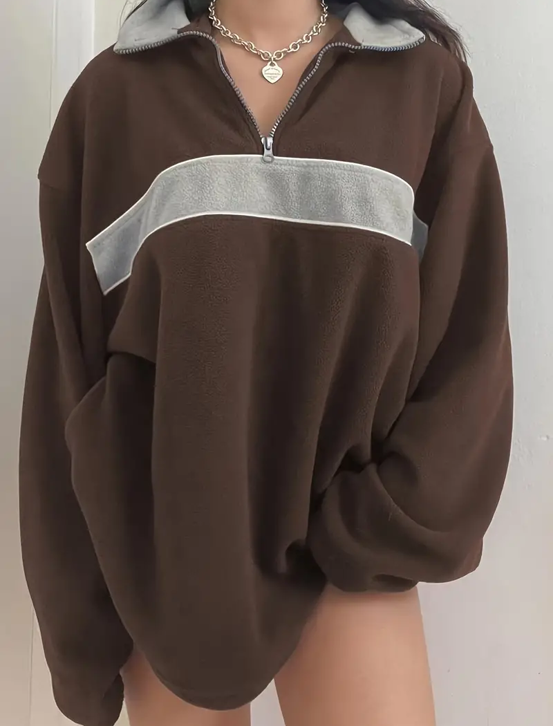 Contrast Stripe Half-Zip Oversized Top