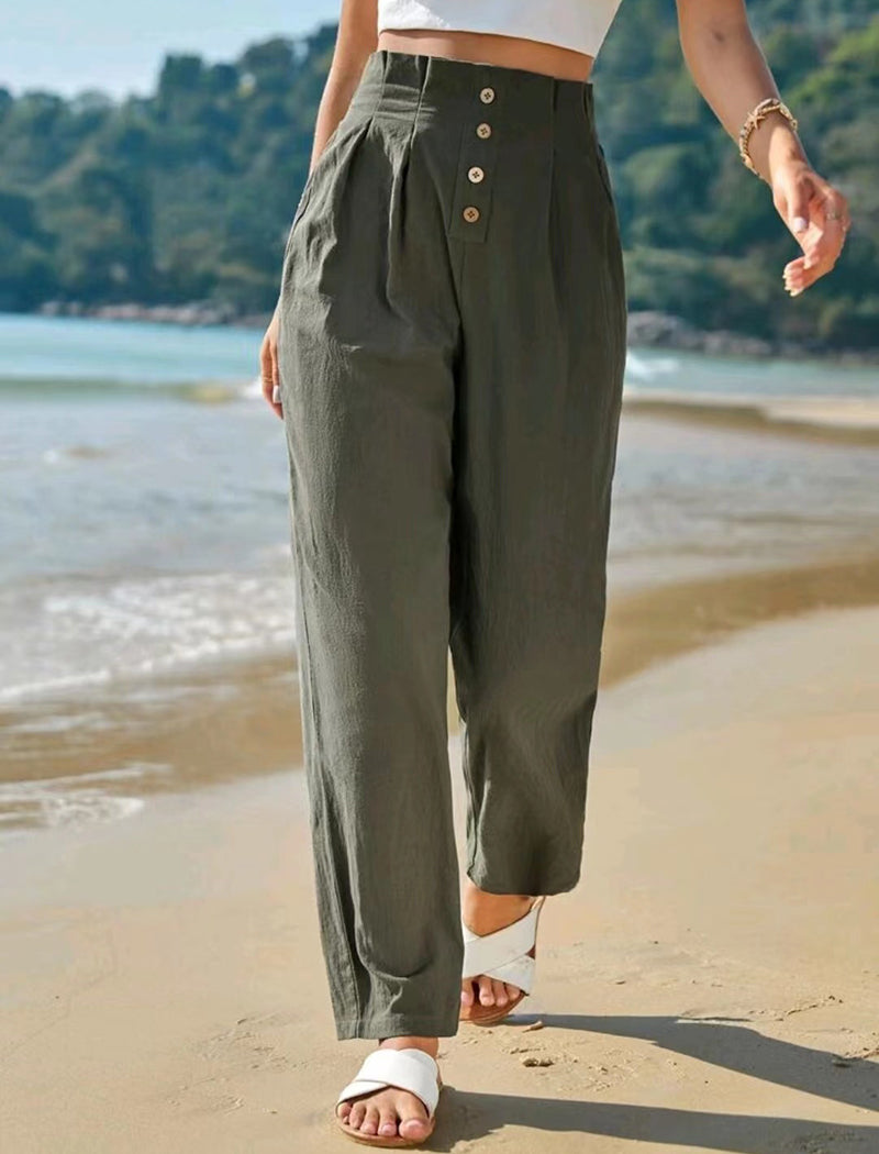 High-Waist Buttoned Wide-Leg Pants
