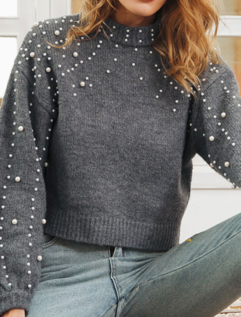 Pearl Embellished Mock Neck Sweater