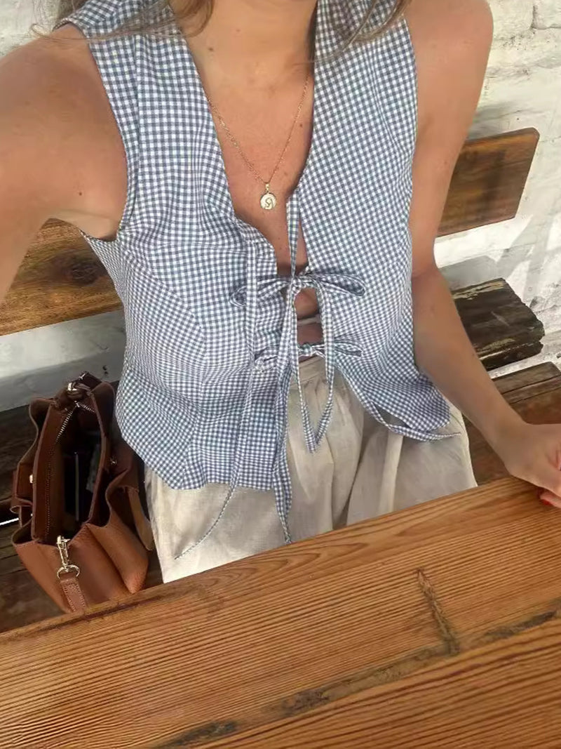 Lace-Up Gingham Crop Top