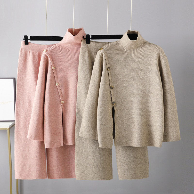 Stand Collar Split Knit High Neck Sweater and Wide-Leg Pants Set