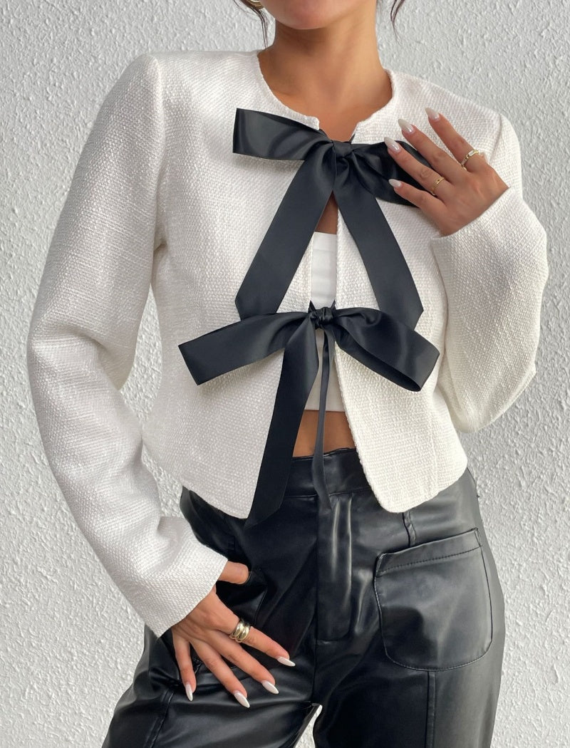 Bow-Accented Cropped Tweed Jacket