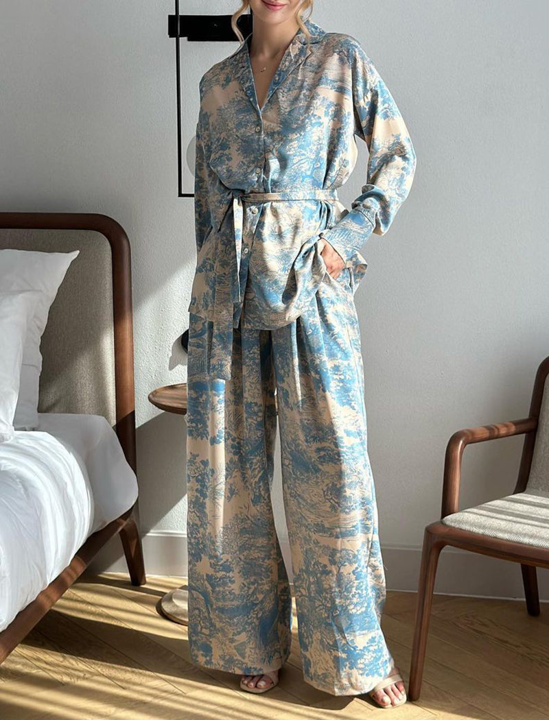 Abstract Print Belted Top and Wide-Leg Pants Set