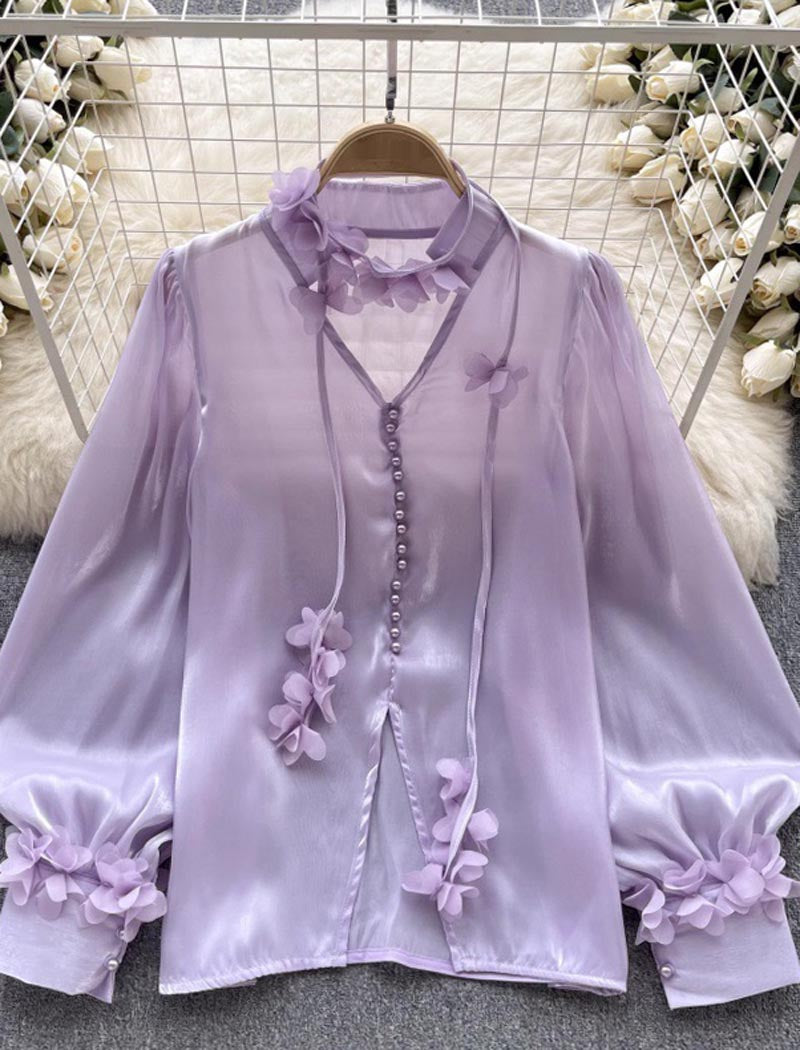 Floral Applique Blouse With Puff Sleeves