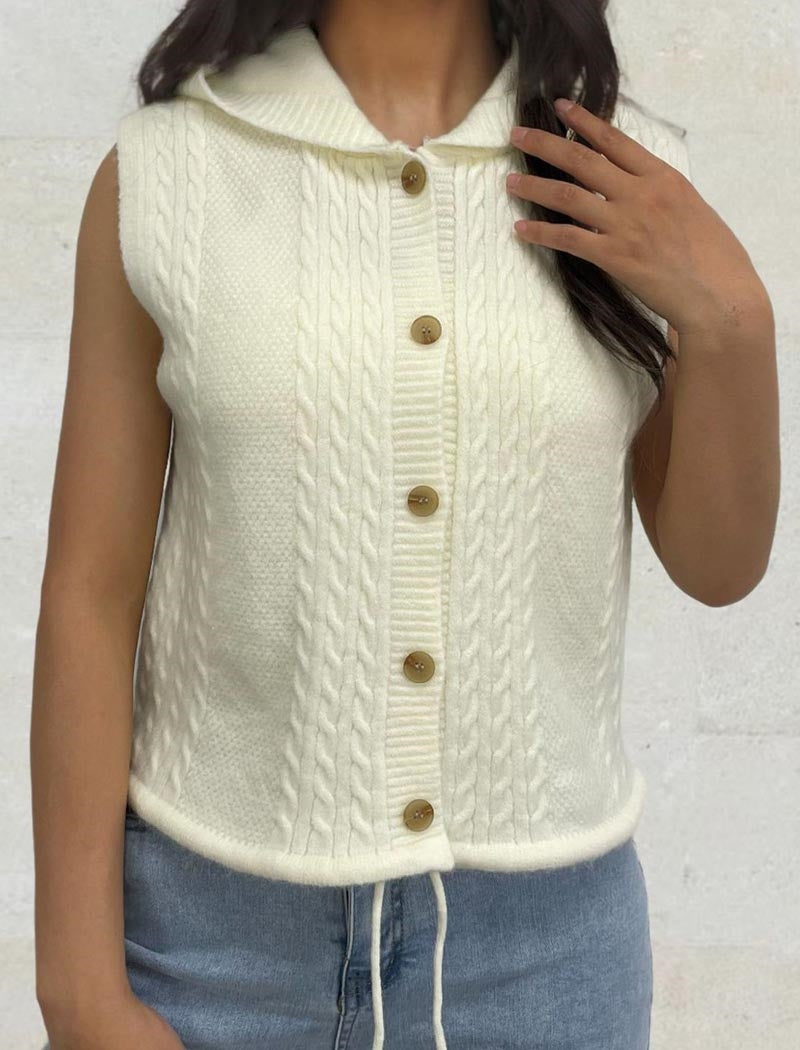 Cable-Knit Button-Up Sleeveless Vest